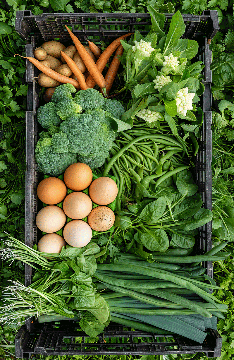local-farm fresh farmers basket with eggs, broccoli and greens
